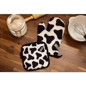 Love Lite Milk Cow Print Oven Mitt and Pot Holder Set Black White‎ New Western